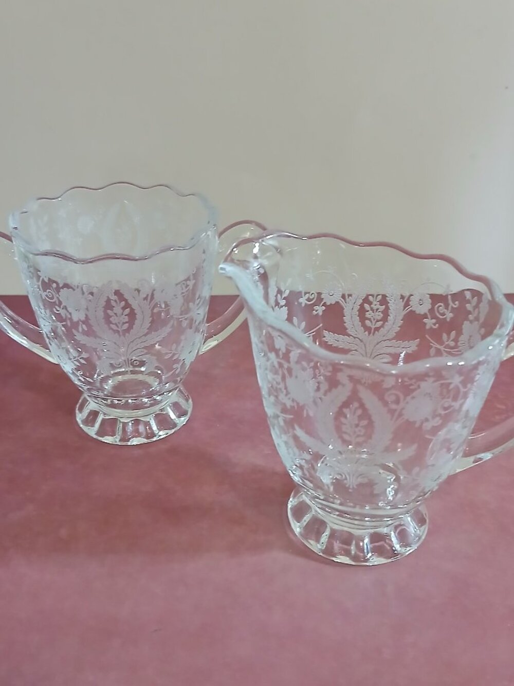 Cambridge Rose Point Creamer & Open Sugar-Clear with Elegant Etched Design